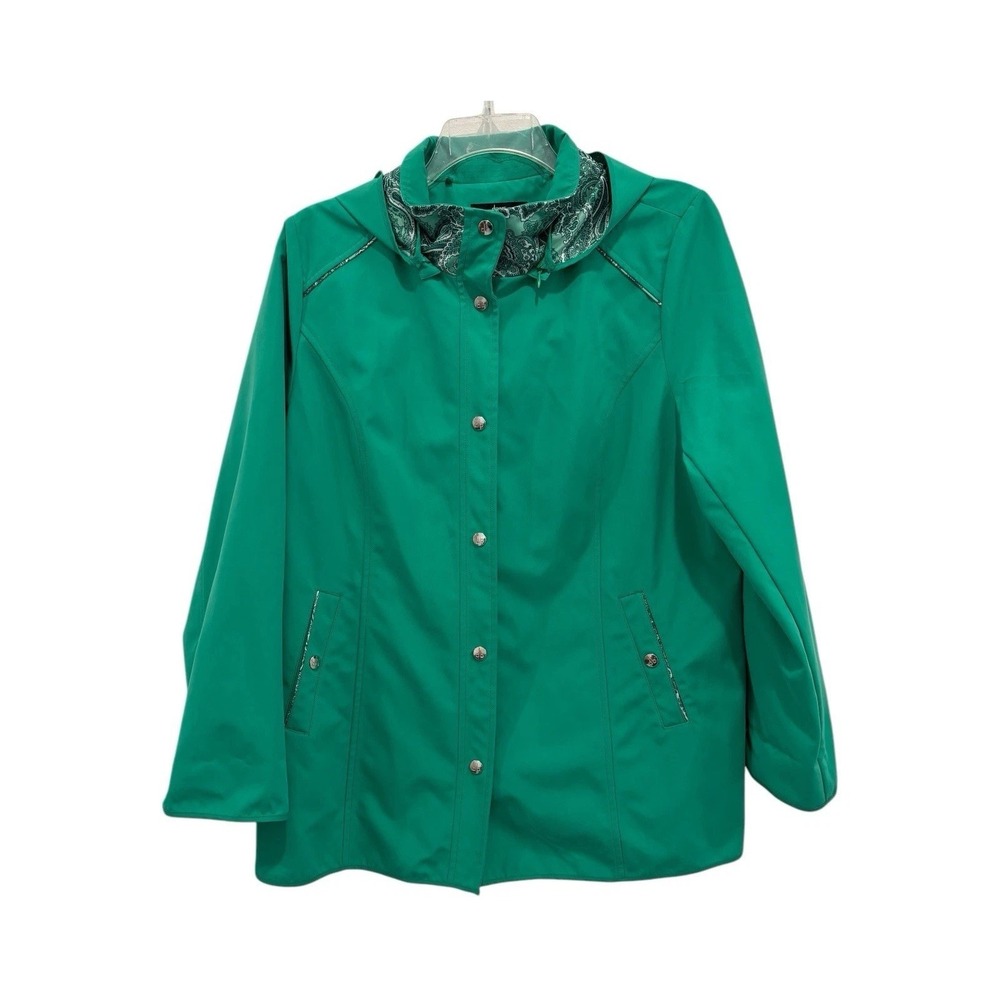 Dennis Basso Coat Womens Large Kelly Green Softshell Removable Hood Lined EUC